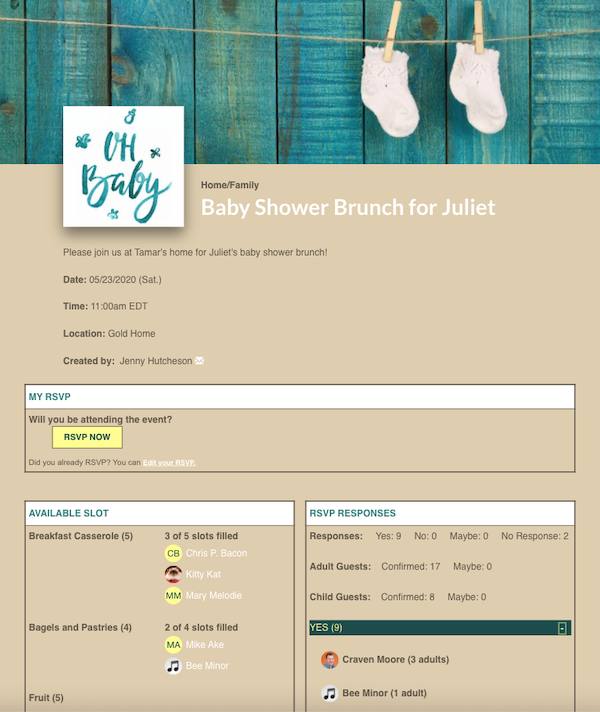 screenshot of baby shower RSVP sign up