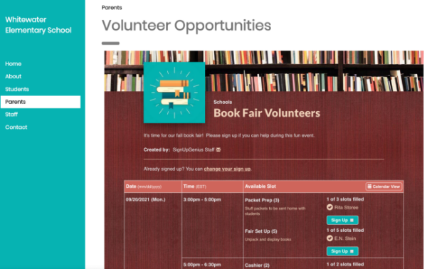 screenshot of volunteer opportunities website with book fair sign up embedded