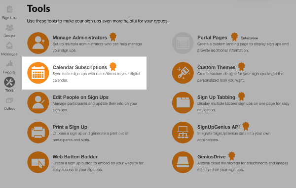 screenshot of tools area where you can select calendar subscriptions feature